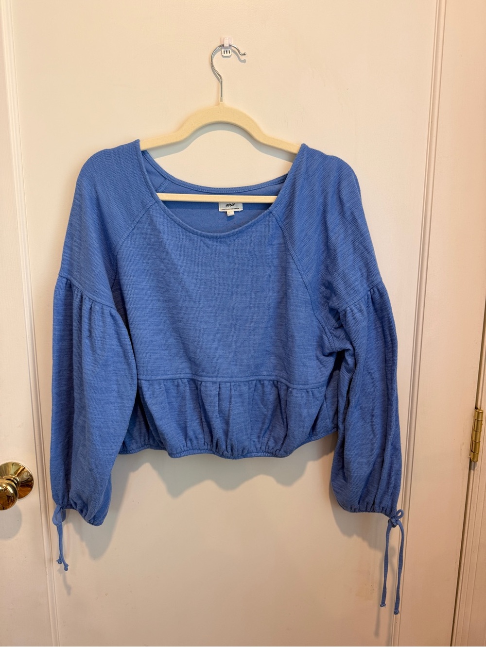 aerie Dusty Blue Cropped Balloon-Sleeve Top